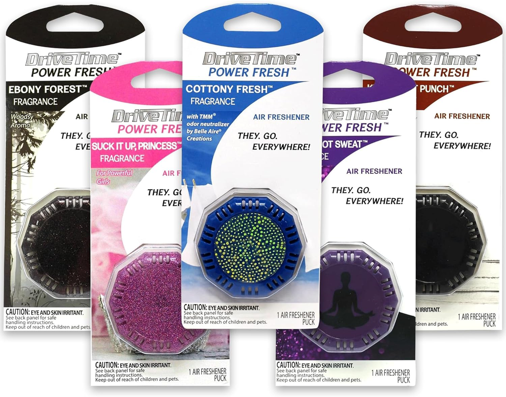 Portable compact On-the-Go Air Fresheners for travel.