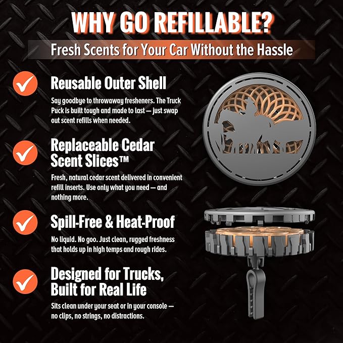 Truck scent puck with refillable design features on a black background