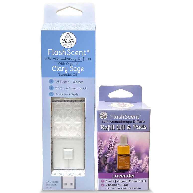 The FlashScent® USB Aromatherapy Essential Oil Diffuser Pearl White With Clary Sage  Diffuser + Flashscent Refill Oil 3.5ml and 4 Pads aromatherapy