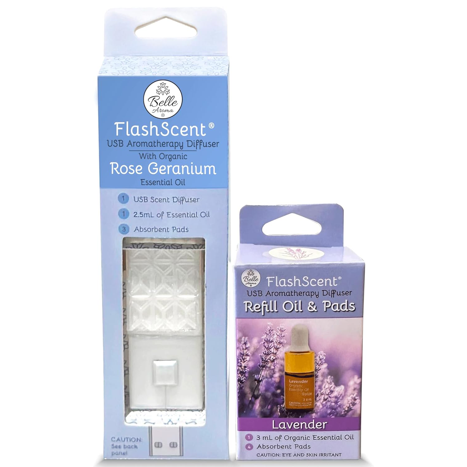 The FlashScent® USB Aromatherapy Essential Oil Diffuser Pearl White With Rose Geranium Diffuser + Flashscent Refill Oil 3.5ml and 4 Pads aromatherapy