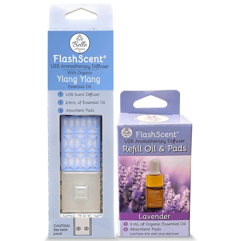 The FlashScent® USB Aromatherapy Essential Oil Diffuser Serenity Blue Diffuser & Ylang Ylang + Flashscent Refill Oil 3.5ml and4  Pads aromatherapy
